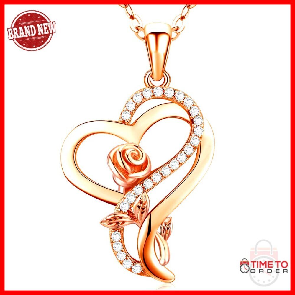Sterling Silver Heart Rose Necklace with Cubic Zirconia, Adjustable Length